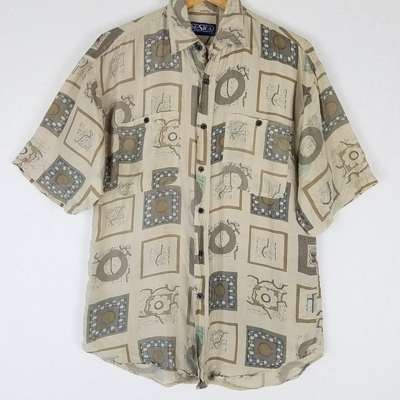 Vintage Desica 100% Silk Button Front Printed Short Sleeve Shirt Top Large - Picture 9 of 10